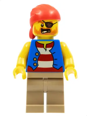 Pirate Man, Striped Red and White Shirt Under Blue Vest, Red Bandana, Left Eye Patch and 3 Gold Teet