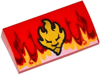 Red Slope, Curved 2 x 4 x 2/3 with Bottom Tubes with Flames and Gold Lion Head Pattern