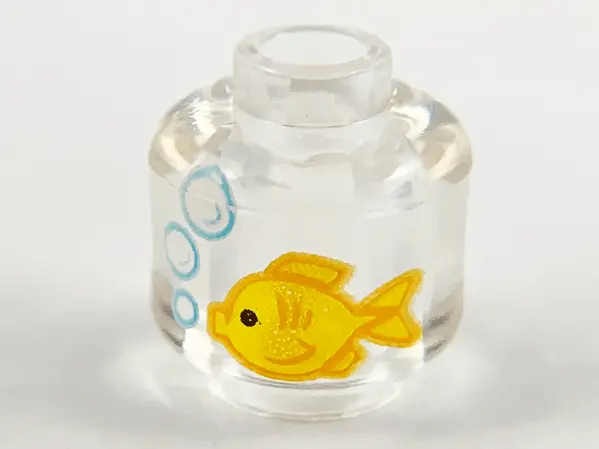 Trans-Clear Minifigure, Head without Face with Yellow Fish and White Bubbles Pattern