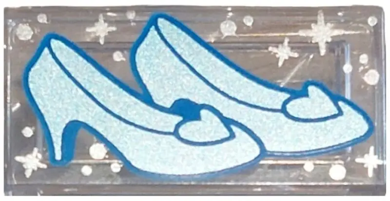 Trans-Clear Tile 1 x 2 with Metallic Light Blue Glass Slippers and Silver Sparkles and Dots Pattern