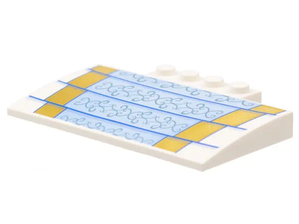 White Slope, Curved 5 x 8 x 2/3 with 4 Studs with 4 Gold Steps with Bright Light Blue Runner, Metall
