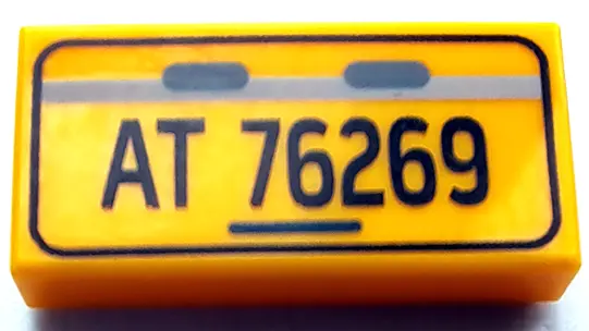 Bright Light Orange Tile 1 x 2 with License Plate Black 'AT 76269' Pattern