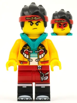 Monkie Kid - Bright Light Orange Open Jacket with Monkey Head Logo, Dark Turquoise Hood, Angry / Smi