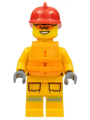 Fire - Reflective Stripes, Bright Light Orange Suit, Life Jacket, Red Fire Helmet