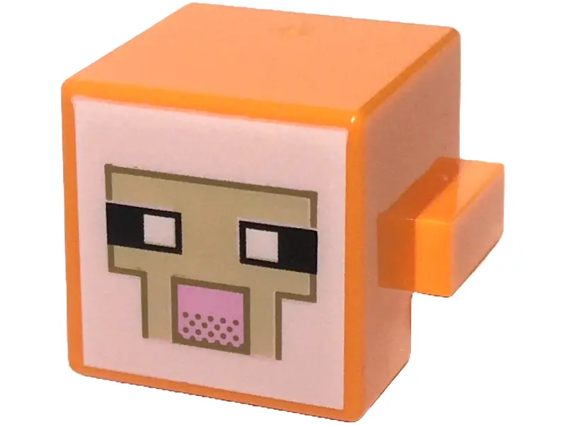 Orange Creature Head Pixelated with Black and White Eyes, Bright Pink Nose, Tan Face with Dark Tan O