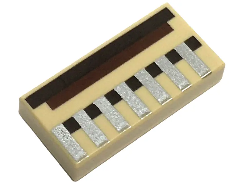 Tan Tile 1 x 2 with Pixelated Dark Brown and Reddish Brown Lines and Squares and Silver Grille Patte