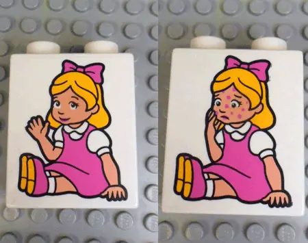 White Duplo, Brick 1 x 2 x 2 with Girl with Spots and No Spots on Face Pattern