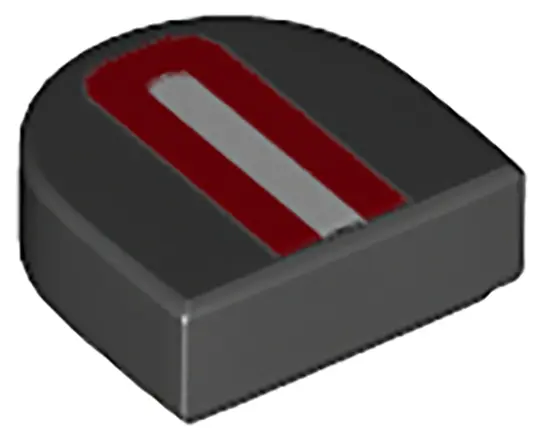 Black Tile, Round 1 x 1 Half Circle Extended with Red Arch and White Stripe Pattern