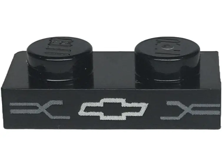 Black Plate 1 x 2 with Silver Chevrolet Logo and Dark Silver Grille Lines Pattern