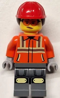 Construction Worker - Female, Reddish Orange Safety Jacket with Reflective Stripes, Dark Bluish Gray