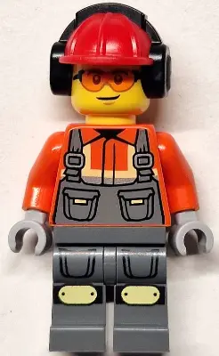 Construction Worker - Male, Dark Bluish Gray Overalls over Reddish Orange Safety Jacket with Reflect
