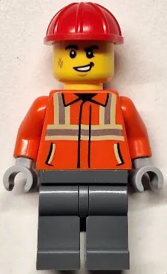 Construction Worker - Male, Reddish Orange Safety Jacket with Reflective Stripes, Dark Bluish Gray L
