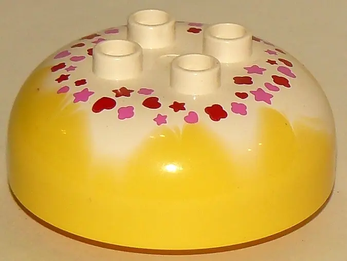 Bright Light Yellow Duplo, Brick Round 4 x 4 Dome Top with 2 x 2 Studs with Marbled White with Red a