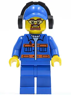 Blue Jacket with Pockets and Orange Stripes, Blue Legs, Blue Cap with Hole, Headphones, Safety Goggl