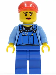 Overalls with Tools in Pocket Blue, Red Short Bill Cap, Eyelashes and Red Lips
