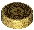Gold Tile, Round 1 x 1 with Dark Brown Aztec Gold Coin with Minifigure Skeleton Head Pattern