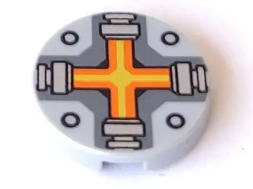 Light Bluish Gray Tile, Round 2 x 2 with Bottom Stud Holder with Orange and Yellow Cross Pattern