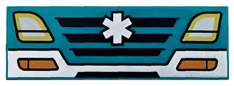 Dark Turquoise Tile 2 x 6 with White Bumper and EMT Star of Life, Black Grille, Yellow Headlights an