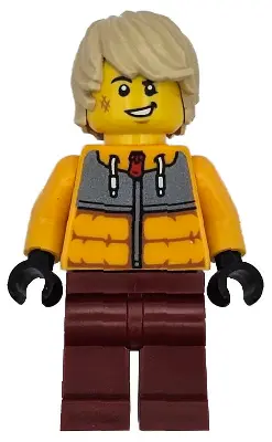 Snowboarder - Male, Bright Light Orange Jacket, Dark Red Legs, Tan Tousled Hair, Scuff Mark