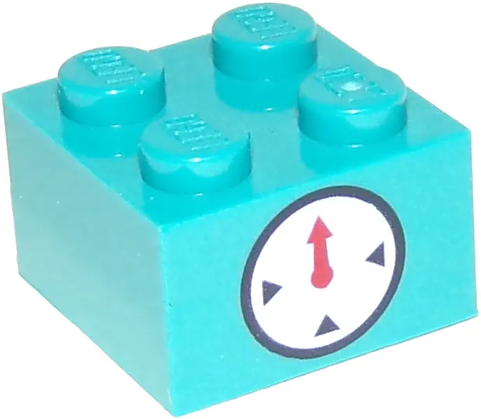 Dark Turquoise Brick 2 x 2 with Timer Black Circle and Indicators with Red Hand on White Background 