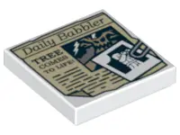 White Tile 2 x 2 with Paper Clip, Minifigure Image and Daily Babbler 'TREE COMES TO LIFE' Newspaper 
