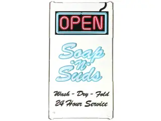 Trans-Clear Glass for Window 1 x 4 x 6 with 'OPEN', 'Soap 'n' Suds' and 'Wash - Dry - Fold 24 Hour S