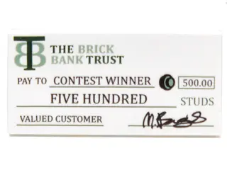 White Tile 2 x 4 with 'THE BRICK BANK TRUST PAY TO CONTEST WINNER FIVE HUNDRED STUDS' Check Pattern