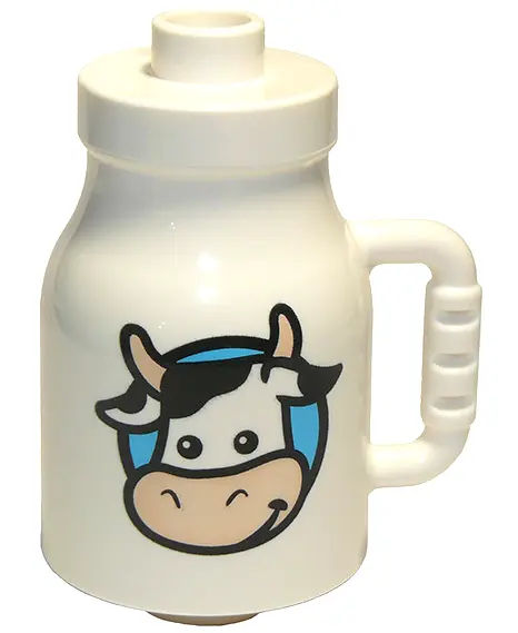 White Duplo Utensil Milk Bottle with Handle with Cow Head Pattern