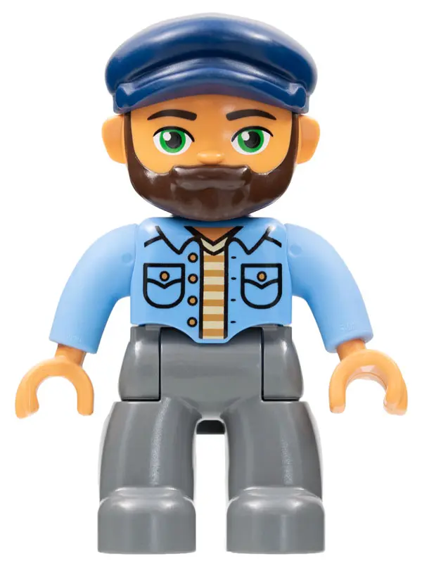 Duplo Figure Lego Ville, Male, Dark Bluish Gray Legs, Medium Blue Shirt, Dark Blue Cap, Beard
