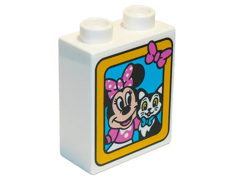 White Duplo, Brick 1 x 2 x 2 with Minnie Mouse and Cat in Yellow Frame Pattern