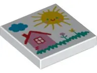 White Tile 2 x 2 with Drawing of Cloud, Sun, House, and Flowers Pattern