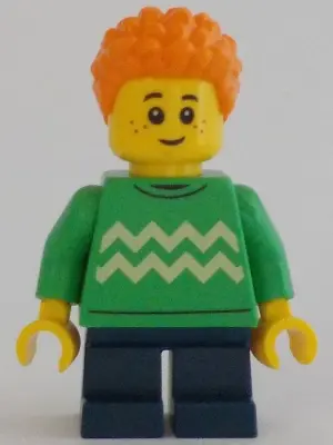 Child - Boy, Bright Green Sweater with Bright Light Yellow Zigzag Lines, Dark Blue Short Legs, Orang