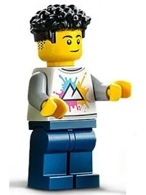 Hospital Visitor - Male, White Shirt with Mountains Logo, Dark Blue Legs, Black Coiled Hair