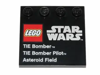 Black Tile, Modified 4 x 4 with Studs on Edge with LEGO Star Wars Logo, 'TIE Bomber', 'TIE Bomber Pi