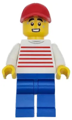Retro Food Truck Vendor - Male, White Sweater with Red Horizontal Stripes, Blue Legs, Red Cap, Sweat