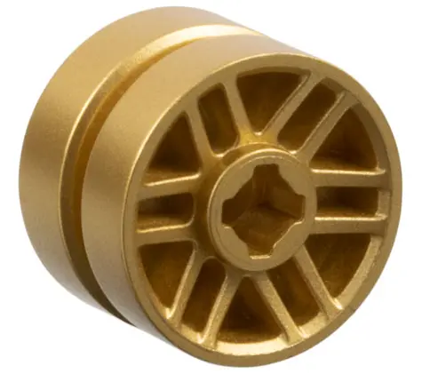 Metallic Gold Wheel 14mm D. x 9.9mm with Center Groove, Fake Bolts and 6 Double Spokes