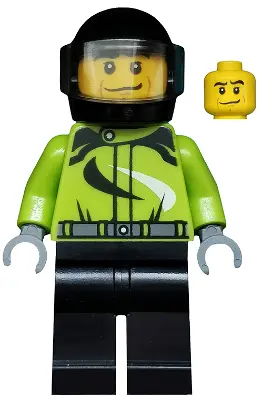 Monster Truck Driver, Racing Suit with Black and White Swirls, Black Helmet with Trans-Brown Visor, 
