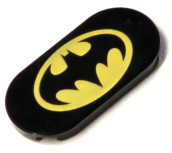 Black Tile, Round 2 x 4 Oval with Bat on Yellow Oval Batman Logo Pattern