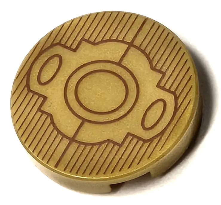 Pearl Gold Tile, Round 2 x 2 with Bottom Stud Holder with Reddish Brown Lines, Circles, and Ovals Pa