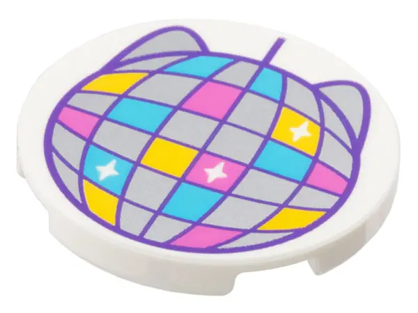 White Tile, Round 3 x 3 with Dark Purple Disco Ball with Silver, Medium Azure, Dark Pink and Yellow 