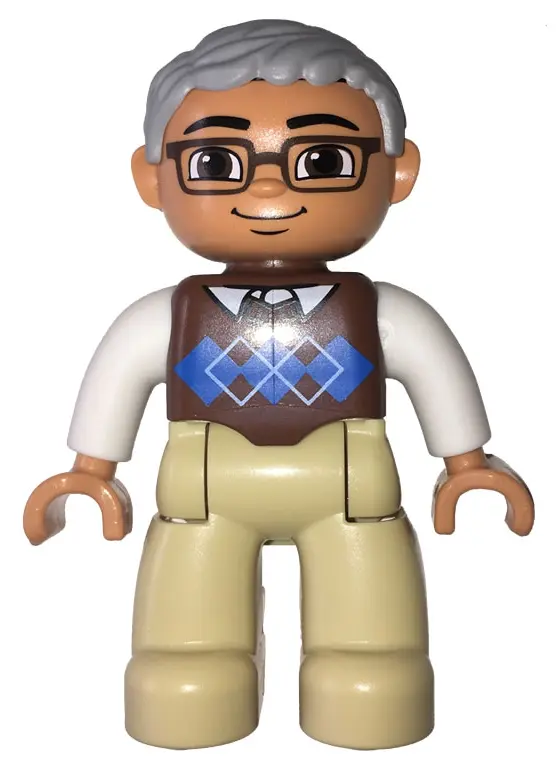 Duplo Figure Lego Ville, Male, Tan Legs, Reddish Brown Argyle Sweater Vest, White Arms, Light Bluish