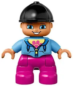 Duplo Figure Lego Ville, Child Girl, Dark Pink Legs, Medium Blue Jacket with Flower Top, Black Ridin