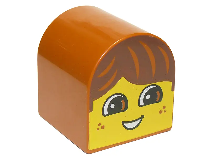 Dark Orange Duplo, Brick 2 x 2 x 2 Slope Curved Double with Yellow Boy Face, Dark Brown Hair, Open M