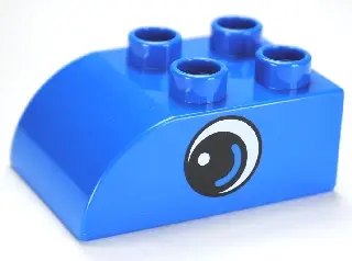 Blue Duplo, Brick 2 x 3 Slope Curved with Circled Black Eye with Arc and White Pupil Pattern on Both