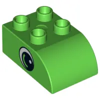 Bright Green Duplo, Brick 2 x 3 Slope Curved with Circled Black Eye with Arc and White Pupil Pattern