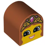 Dark Orange Duplo, Brick 2 x 2 x 2 Slope Curved Double with Yellow Girl Face, Gold Crown with Dark P
