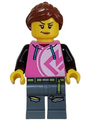 Kick Scooter Driver - Female, Dark Pink Hoodie, Dark Bluish Gray Legs
