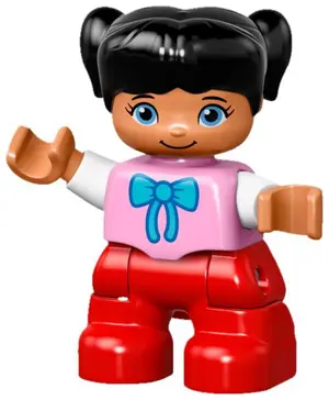 Duplo Figure Lego Ville, Child Girl, Red Legs, Bright Pink Top with Bow Tie, Black Hair with Pigtail