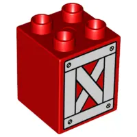 Red Duplo, Brick 2 x 2 x 2 with White Crossed Boards Pattern