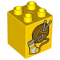 Yellow Duplo, Brick 2 x 2 x 2 with Yarn, Knitting Needles And Sock Pattern